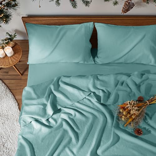 Image of 100% Pure Linen Sheet Set for Hot Sleepers, Breathable Natural Linen Sheets 4pcs, Bedding Set Deep Pocket Up to 16 inch Moisture-Wicking, Softens with Every Wash (Aqua Full)