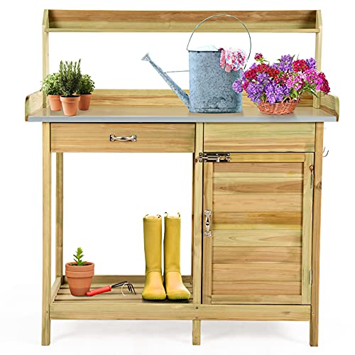 S AFSTAR Outdoor Potting Bench Table Wooden Garden Work Station with Drawer Storage Cabinet Open Shelf Side Hooks Metal Tabletop Gardening Workbench Potting Benches for Outside Backyard Balcony