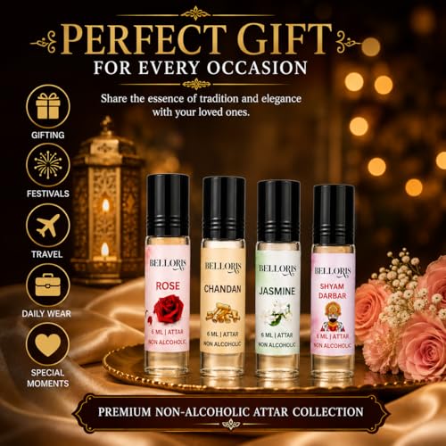Image of Rose, Chandan, Jasmine & Shyam Darbar | Attar Gift Set for Men & Women | Non Alcoholic Long Lasting Attar Perfume Oil | Roll On Fragrance Combo Pack (4 x 6ml) Natural Attar for Pooja & Meditation (SHYAM DARBAR)