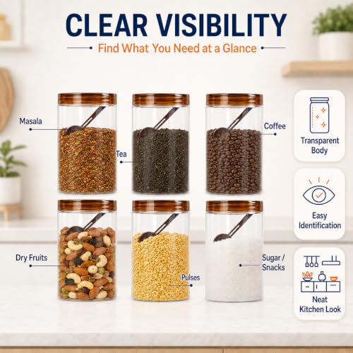 Image of Homeor Plastic Storage Jar & Containers With Spoon, Airtight & BPA Free Containers for Kitchen Storage, Grocery Kitchen Container, Multipurpose Jar, Fridge Storage Container, 2000 ML Set 6, Brown