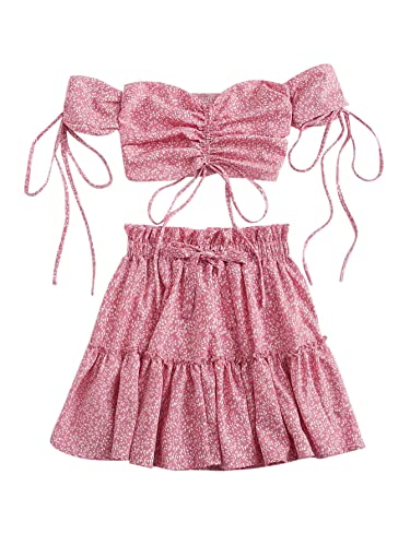 Floerns Women's Two Piece Outfit Floral Off Shoulder Drawstring Crop Top And Skirt Set Pink Floral S #TOP7