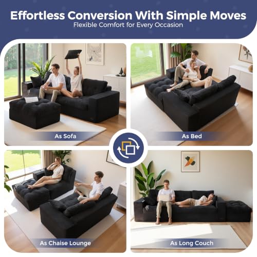 Image of MAXYOYO 96 inch L Shaped Modular Sectional Sofa with Ottoman, Cloud Boneless Couch with Layered Cushion, Upholstered Sofa in a Box, Flexible Module Combination for Living Room, No Assembly, Black