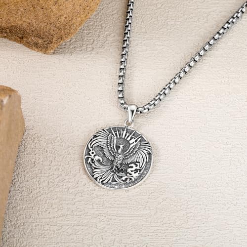 Phoenix Necklace 925 Sterling Silver Rising Phoenix Pendant Necklaces for Men Women, w/Stainless Steel Chain 22''+2''4