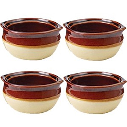 Porcelain Ceramic Onion Soup Crock Bowl, Small 10 Ounce, Set of 4, Brown and Beige