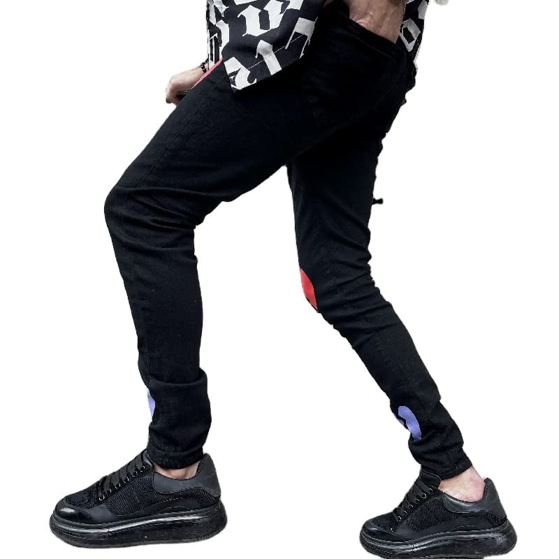 Jeans da uomo skinny fit gamba dritta, jeans da uomo, jeans da uomo stampati elasticizzati slim fit, Nero-1, 46
