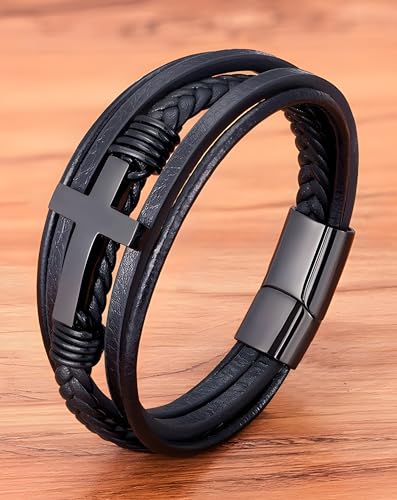 Cross Leather Bracelet for Men, Multi-Layer Braided Mens Religious Cuff Bracelets with Stainless Steel Clasp Anniversary Father's Day Birthday Christmas Jewelry Gifts for Him3