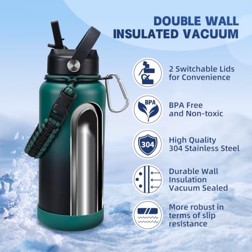 Image of Insulated Water Bottle, 32 oz Stainless Steel Wide Mouth Water Bottles with 2 Leak Proof Lid and Paracord Handle, Double Wall Vacuum Insulated Sports Water Bottle, Green Black