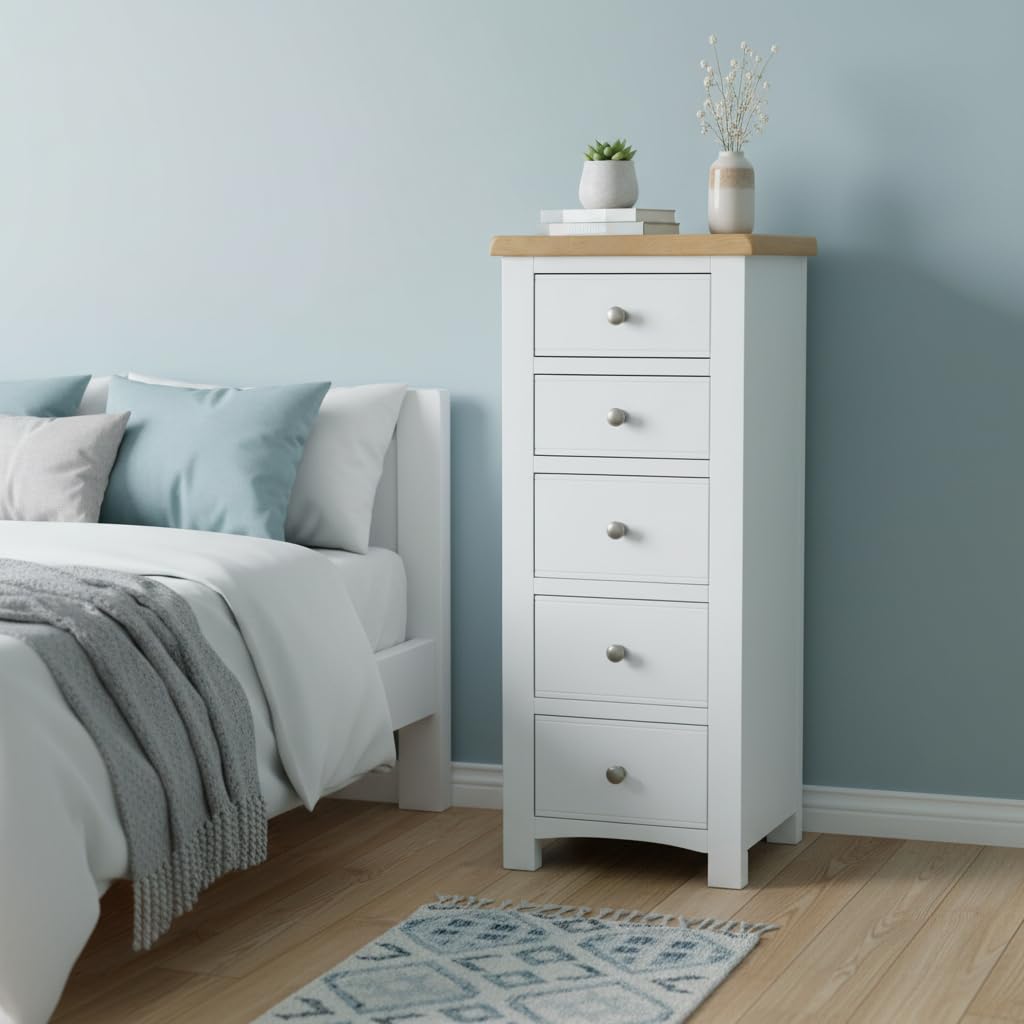 GROF Premium Chest of Drawer Slim Tallboy, 5 Drawer Tall Chest, Painted Bedroom Furniture, Painted White Tallboy Chest of Drawers for Bedroom, Fully assembled (White, W48cm - D40cm - H120cm)