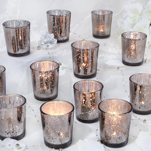 UPBUD Black Votive Candle Holders Set of 24 Speckled Mercury Candle Holders for Wedding Centerpiece Table Decorations Tealight Candle Holder for Party Bridal Shower Decor Home Decor