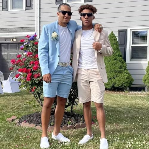 Wangyue Mens Casual Linen Suits Slim Fit Suit 2 Piece Blazer & Short Pants Set Summer Beach Wedding Linen Suit2