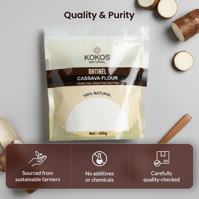 Image of Kokos Natural Cassava Flour - 400 Gm (Pack of 2) | 100% Natural Whole Food, Paleo Friendly, Vegan, Gluten Free, Grain Free, Nut Free | Indian Regional Names: Sabudana Aata, Tapioca Flour, Maravalli Kilangu |