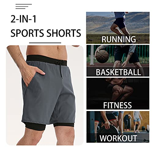 Baugger Calções desportivos 2 em 1 masculinos com bolso elástico respirável basquetebol e corrida de