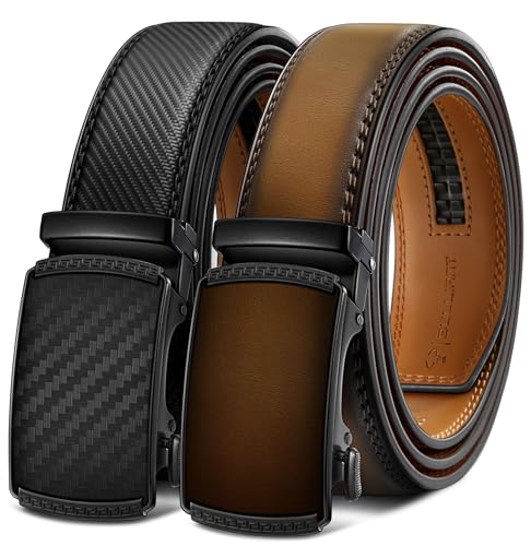 Image of BULLIANT Men's 2-Pack Ratchet Leather Belt Trimmable 1 3 /8 inch-Gift Boxed