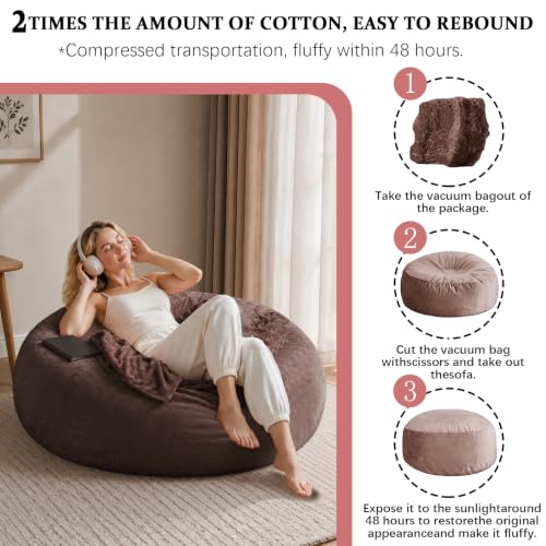 Image of 5FT,Big Bean Bag Chairs for Adults,Bean Bag with Filler Included,Memory Foam Bean Bag,Giant beanbag,Suitable for Reading Chairs in Living Room, Bedroom and Dormitory. (Brown, 5 Foot)