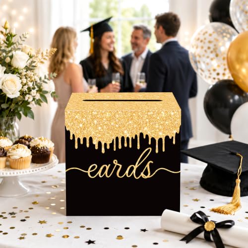 Image of Black and Gold Wedding Card Box with Slot for Reception and Bridal Shower