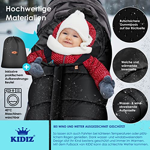 KIDIZ® Babyfußsack Baby Fußsack Winterfußsack Babyschale mit Reißverschluss Kuschelsack Babydecke waschbar Tasche passend für alle Kinderwagen Bett Wärmedecke aus Thermo-Fleece Schwarz