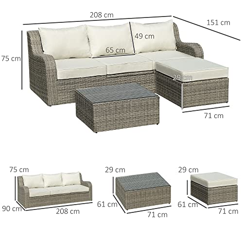Outsunny 3-TLG. Polyrattan Gartenmöbel Set Gartengarnitur Garten-Set Sitzgruppe Loungeset Loungemöbel mit Beistelltisch Kissen Aluminium Hellgrau+Beige – Bild 4