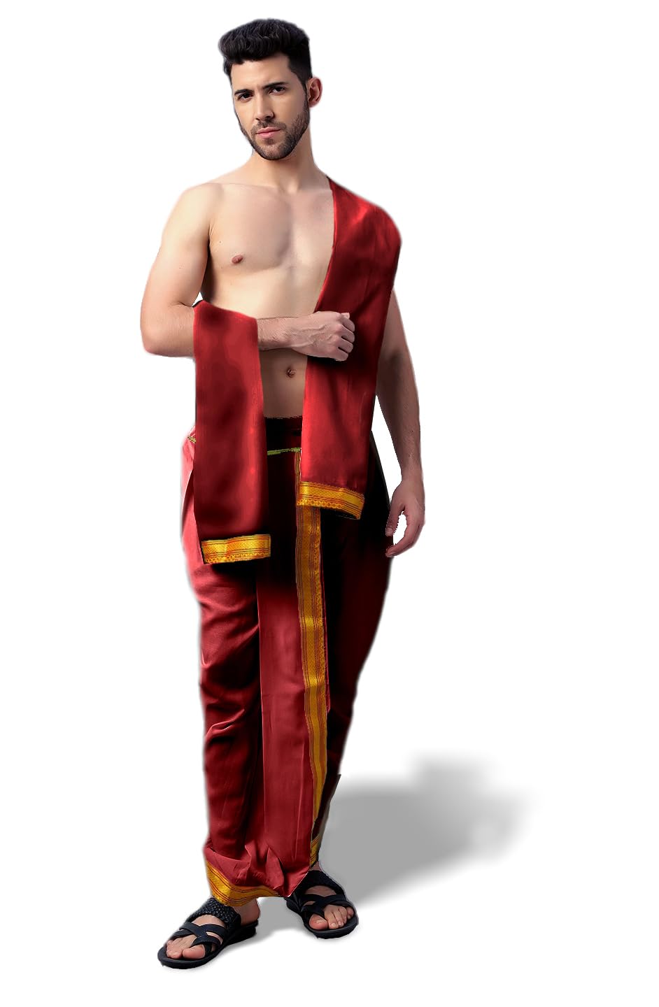 spewim Men's PolySilk Readymade Mahraj Dhoti with Dupatta Elastic Ready to Wear Dhoti Pant Free Size Traditional Ethnic Wear for Weddings, Pujas & Festivals | Comfortable Fit, Easy to Wear-picture-39