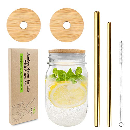 Mason Jar Lids with Straw Hole, CNVOILA ECO Reusable Bamboo Mason Jar Lids for Regular Mouth Mason Jar with 2 Reusable Stainless Steel Straw â€“ 2 LIDS & Golden Straw