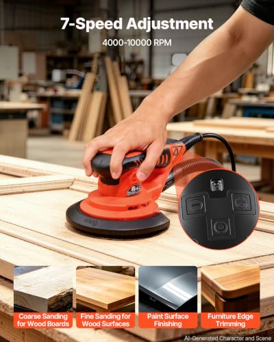 Image of VEVOR 5 & 6-Inch Random Orbital Sander 400W Brushless Orbital Sander, 4000-10000RPM 7 Speeds Electric Palm Sanders with 20PCS Sandpapers, Dust Bag & Vacuum Hose for Woodworking Detailing Sanding