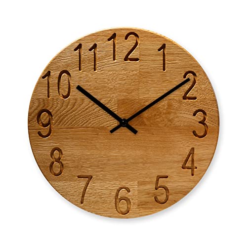 Mex-System Wanduhr Holz Eiche Groß 30,5 cm, Wanduhr rund modern leise ohne Tickgeräusche, Holzuhr Wand hochwertiges Solide Massivholz, für Büro Schlafzimmer Wohnzimmer Küche (Eiche Geölt) Cover
