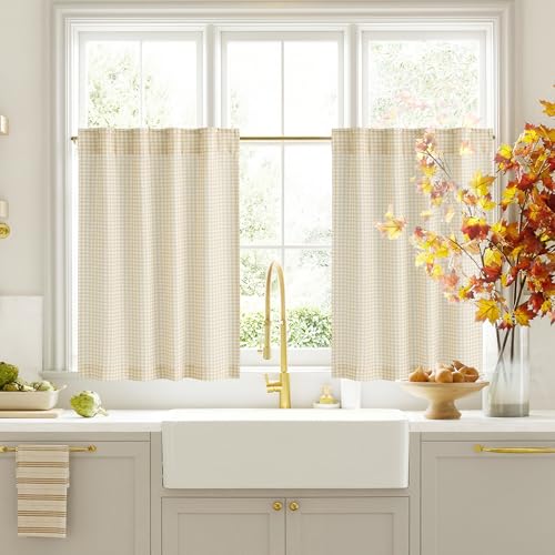 RYB HOME Checkered Kitchen Cafe Curtains 24 inch Length, Vintage