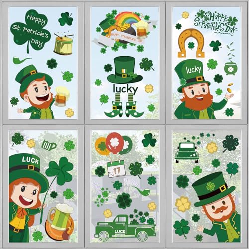 St Patricks Day Window Clings Decor,120 PCS Reusable Static Spring Shamrock Leprechaun Stickers for Glass Windows Door Wall Irish Saint Patricks Day Holiday St Pattys Decorations
