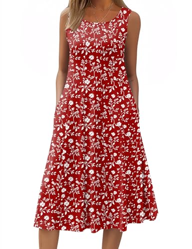 Image of HOTOUCH Summer Casual Dresses for Women Sleeveless Midi Dress Swing Tank Sundress Pleated Tshirt Dress with Pockets