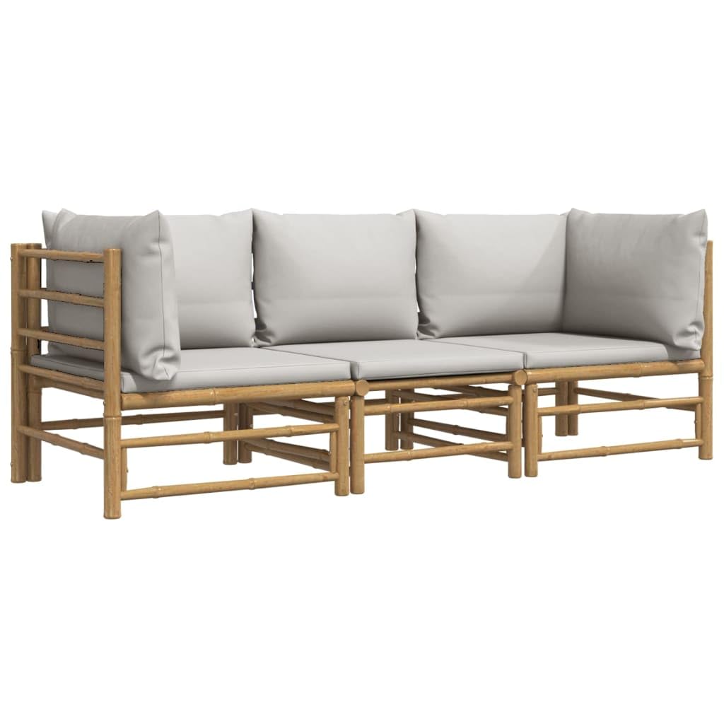 Salon de jardin en bambou 3 pièces avec coussins gris clair, canapé d'extérieur modulable avec accoudoirs et dossier pour un grand confort d'assise