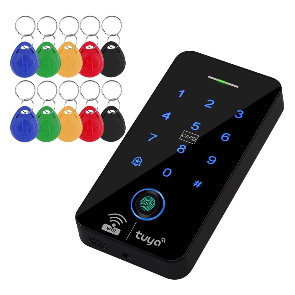 WiFi TUYU - Teclado con sistema de control de acceso IP68 impermeable con huellas dactilares, entrada remota para teléfono móvil, compatible con 125 KHZ/13.56 MHZ, WG26/34 bits, con 10