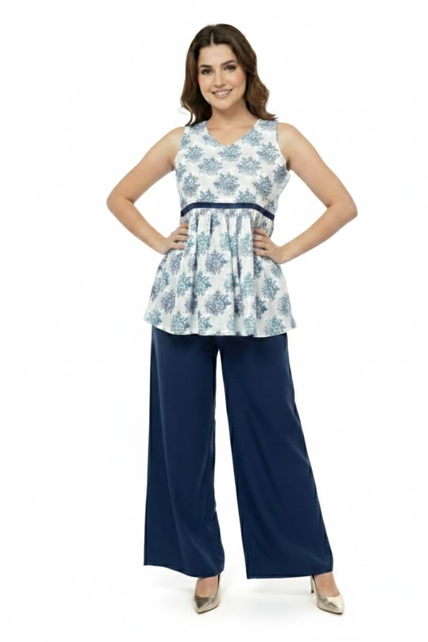 Women's Floral Print Sleeveless Peplum Top with Navy Blue Palazzo Pants Set, Blue and White, Polyester, Medium-image-16