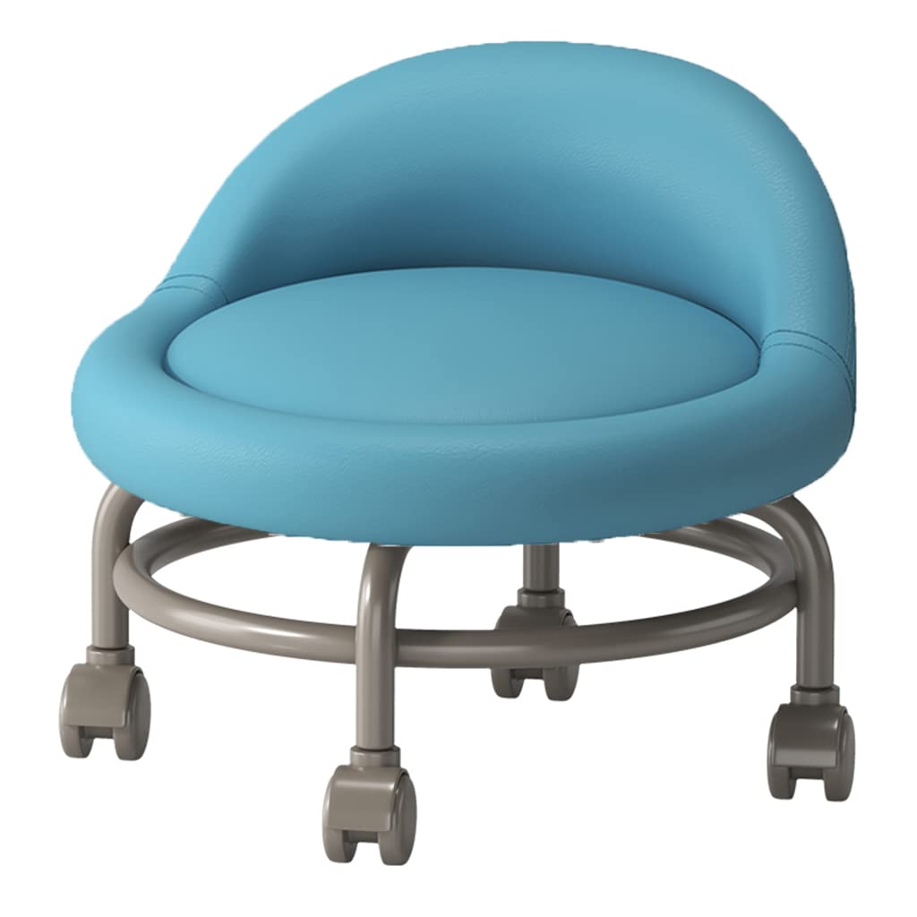 LMMIAOZ Rolling Stool with Back and Wheels for Mobility Short Ottoman Footstool with Swivel Caster Wheels and PU Leather Seat Blue Color
