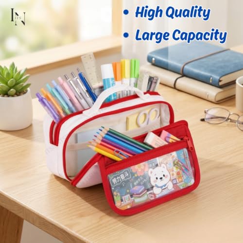 Image of Large Capacity Pencil Pouch Aesthetic Pencil Bag 3 Layer 6 Compartment with Zipper Kawaii Cartoon Stationery Organizer for School, College, Office & Travel (Red Multi Compartment Pouch)