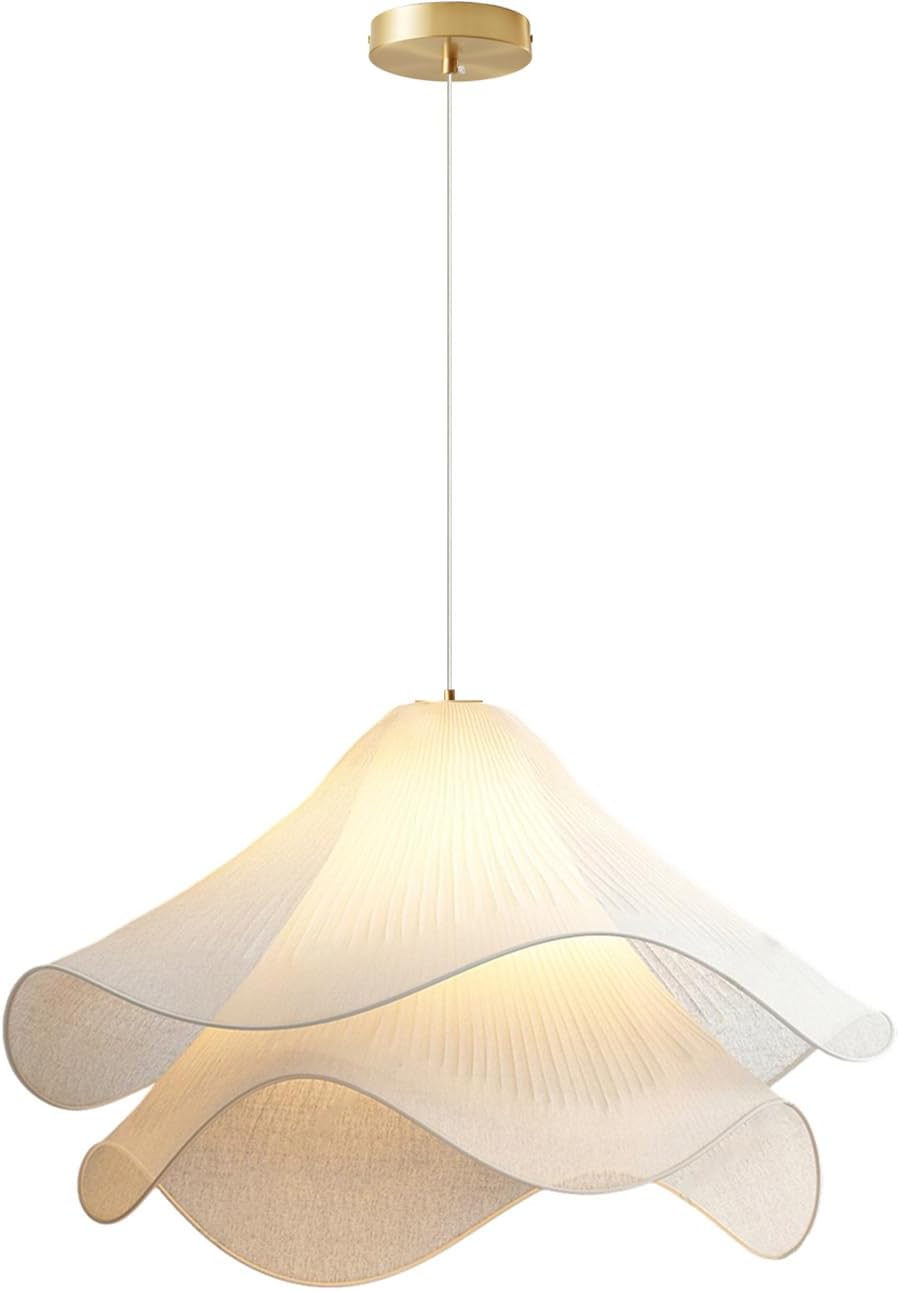 Modern Fabric Woven Pendant Light with Cream Petal Fabric Double Shade Ceiling Hanging Lighting Fixtures for Dining Living Room Bedroom Kitchen Island