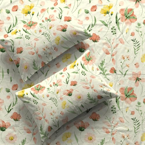 Image of Urban Space Serene 200 TC 100% Cotton Elastic Fitted Bedsheets King Size With 2 Pillow Covers, King Size Bedsheet Floral(Meadows Buttercream, Size 72 X 78 Inches)
