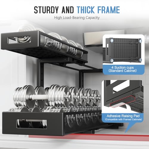 Image of 2 Pack 19IN Depth Under Sink Storage Organizer, Large 2-Tier Elegant Mesh Pull Out Shelf for Kitchen and Bathroom Cabinet Organization, L-Shaped and Adjustable Height Design-Black