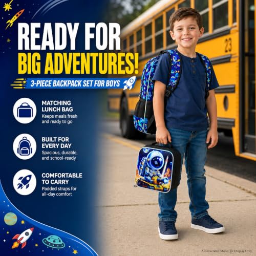 Image of WZLVO 3PCS Astronaut Bookbag for Boys, 16 inch Cool UV Printing Kids Backpack /School Bag with Lunch Box & Pencil Bag for Preschool to Elementary - Astronaut Driving a Yellow Tank