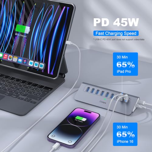 Image of Powered USB Hub 10Gbps, intpw YH6AC 9-Port USB Splitter with USB A /USB C 3.2, 4 USB 3.0, 2 PD 45W Charging Ports, 65W Power Adapter + 3.3FT Cable, Aluminum USB Extender Hub for Laptop, PC,iPhone 17 /16