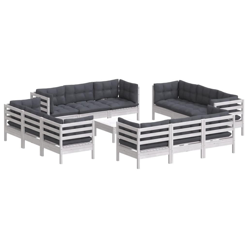 Juego de muebles de jardín de 13 piezas con tapizado en color antracita, conjunto modular de madera de pino resistente para terraza, balcón, jardín, incluye cojín de asiento, mesa auxiliar