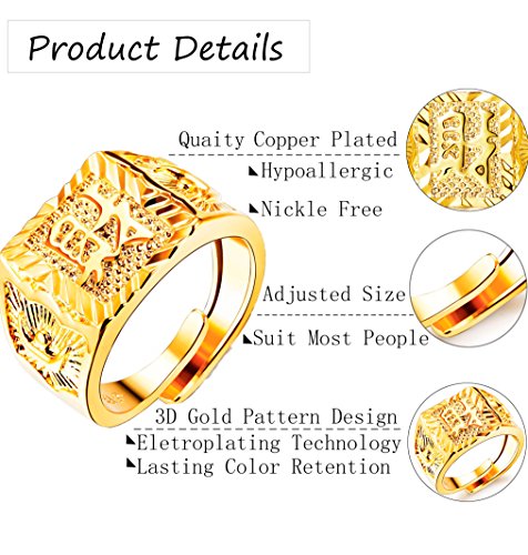 LOLIAS 4 Pcs Men's 18K Gold Plated Kanji Ring Set - Rich/Luck/Wealth - Adjustable Signet Ring4