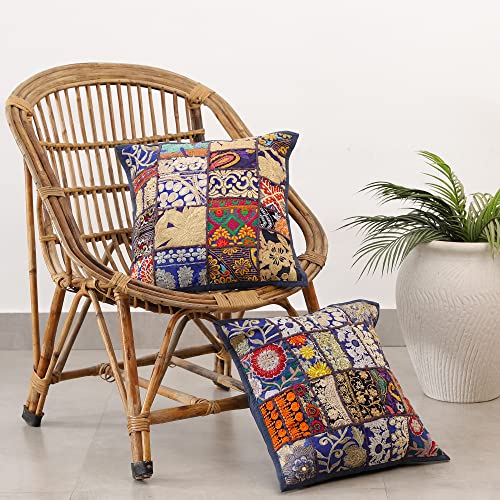Image of Ravaiyaa - Attitude is everything Set Of 2 PC Home Sofa Decor Cotton Cushion Cover, Handmade Khambadiya Patchwork Pillow Case, Embroidery Cushions