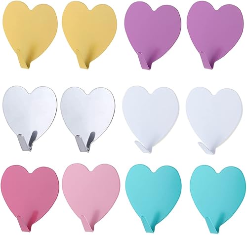 Paquete de 712 ganchos utilitarios decorativos en forma de corazón, ganchos de pared autoadhesivos fuertes de acero inoxidable (7 colores) (12