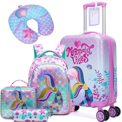 Image of Kids Mermaid Suitcase Set for Boys Hardside Luggage with Spinner Wheels 5 Piece 16inch Toddler Suitcase for Boys Travel Carry on Luggage Airline Approved