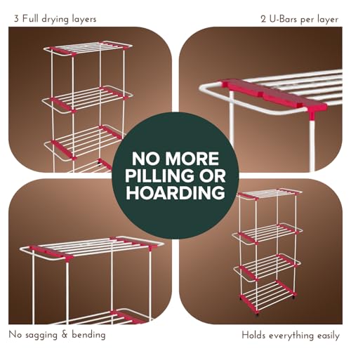 Image of TNT THE NEXT TREND Trixy 3 Layer Carbon Steel Indoor & Outdoor Cloth Dryer Stand | Heavy Duty Clothes Drying Rack with U-Bars, Wheels, 50.1 ft Drying Space, (L96 x B45.3 x H174 cm), Cherry