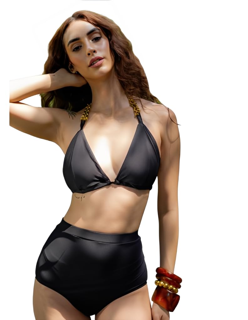 Arambol Bikini Set with Halter Neck Top with Gold Buckles & Tie-Ups, Made of Nylon, Medium Coverage Bottoms, Stretchy Quick-Dry Fabric, Stylish & Comfortable Swimwear & Beachwear-image-20