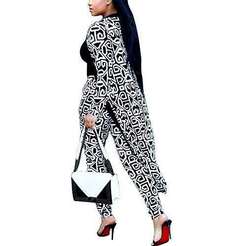 SHANWU Women's 2 Piece Set Tie Dye Printed Long Sleeve Cardigan High Waist Trousers Outfits, 9189-black and White, Large