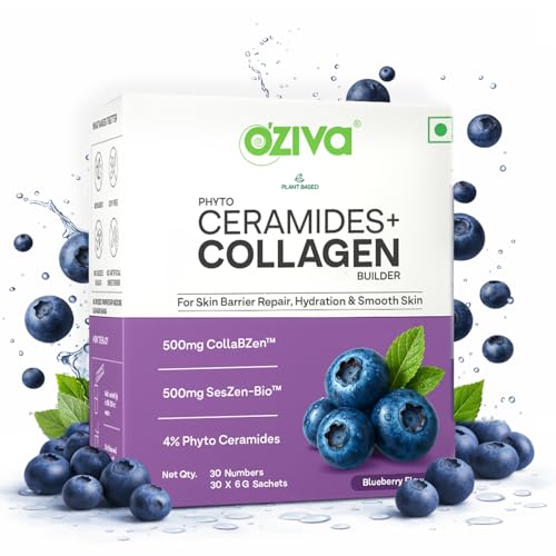 Image of OZiva Phyto Ceramides+ Collagen Builder Supplements | Veg Collagen Powder for Women | Supplement for Skin Hydration, Moisture Retention & Barrier Repair | Blueberry, 30 Sachets