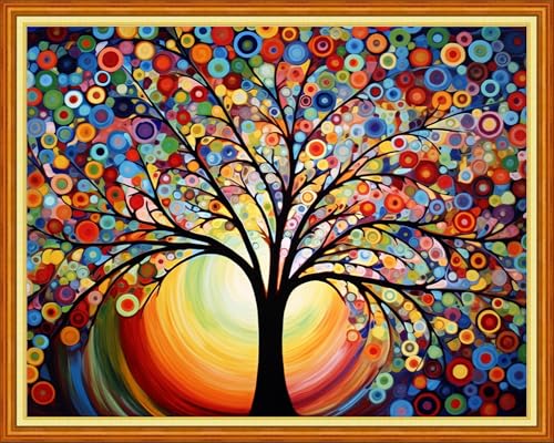 Image of Foxhool Stamped Cross Stitch Kits,11CT Printed Cross Stitch Pattern Full Embroidery Kits for Beginner Needlepoint Kits-Colorful Moonlight Tree 16x20 inch