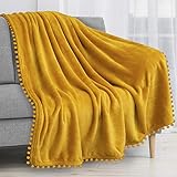 PAVILIA Pom Pom Blanket Throw, Mustard Yellow Gold | Soft Fleece Pompom Fringe Blanket for Couch Bed...