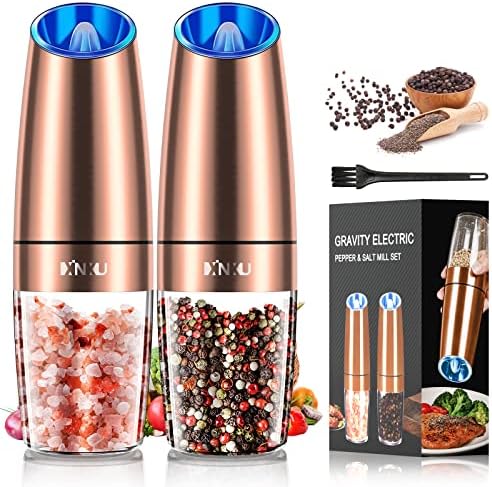 XinXu Gravity Automatic Pepper and Salt Grinder with Blue LED Light, Stainless Steel, Adjustable Coarseness, One Hand Operated, Come with Brush, Gift Ideal for Housewarming, Copper